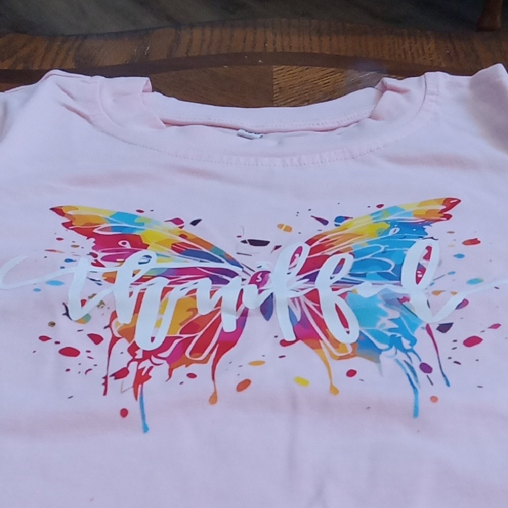 Pink Butterfly Thankful Long Sleeve Girls Shirt Colorful - Picture 5 of 6
